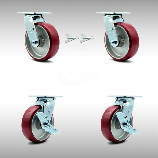 6 Inch SS Poly on Aluminum Caster Set with Ball Bearings 2 Swivel Lock 2 Brake